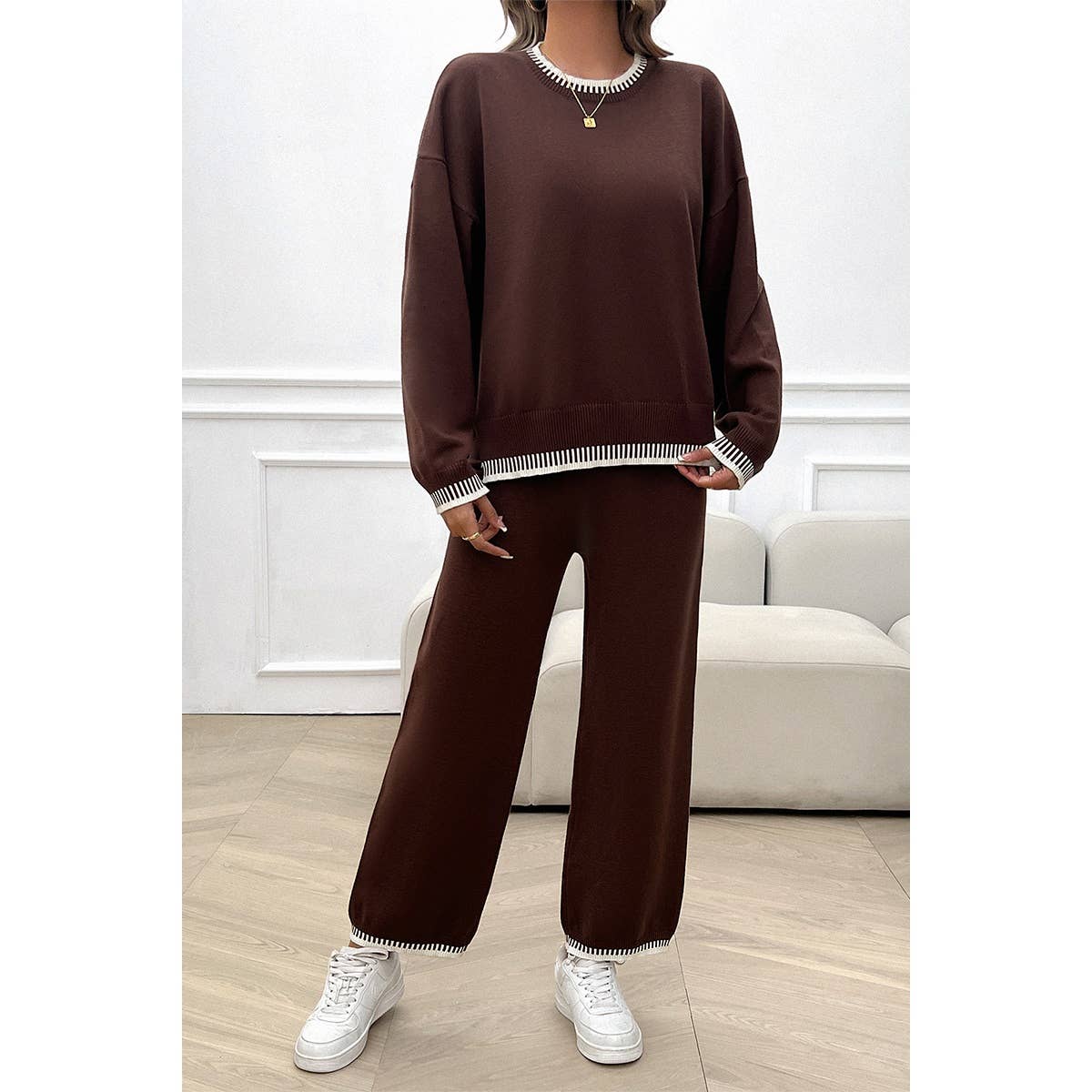 Colock Block Round Neck Drop Shoulder Loose Set: BEIGE / S
