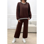 Colock Block Round Neck Drop Shoulder Loose Set: BEIGE / M