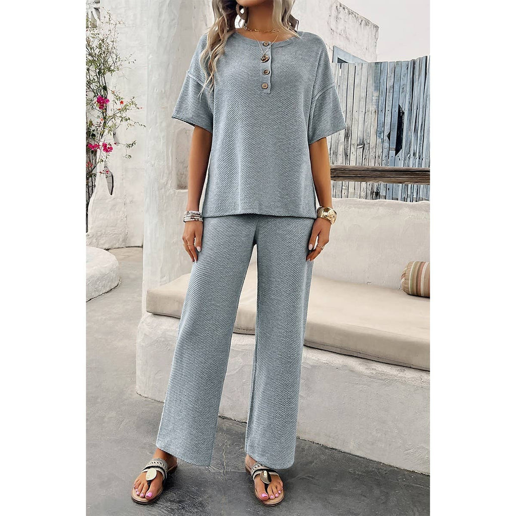Two Pieces Outfits Knitted Crew Neck Button Set