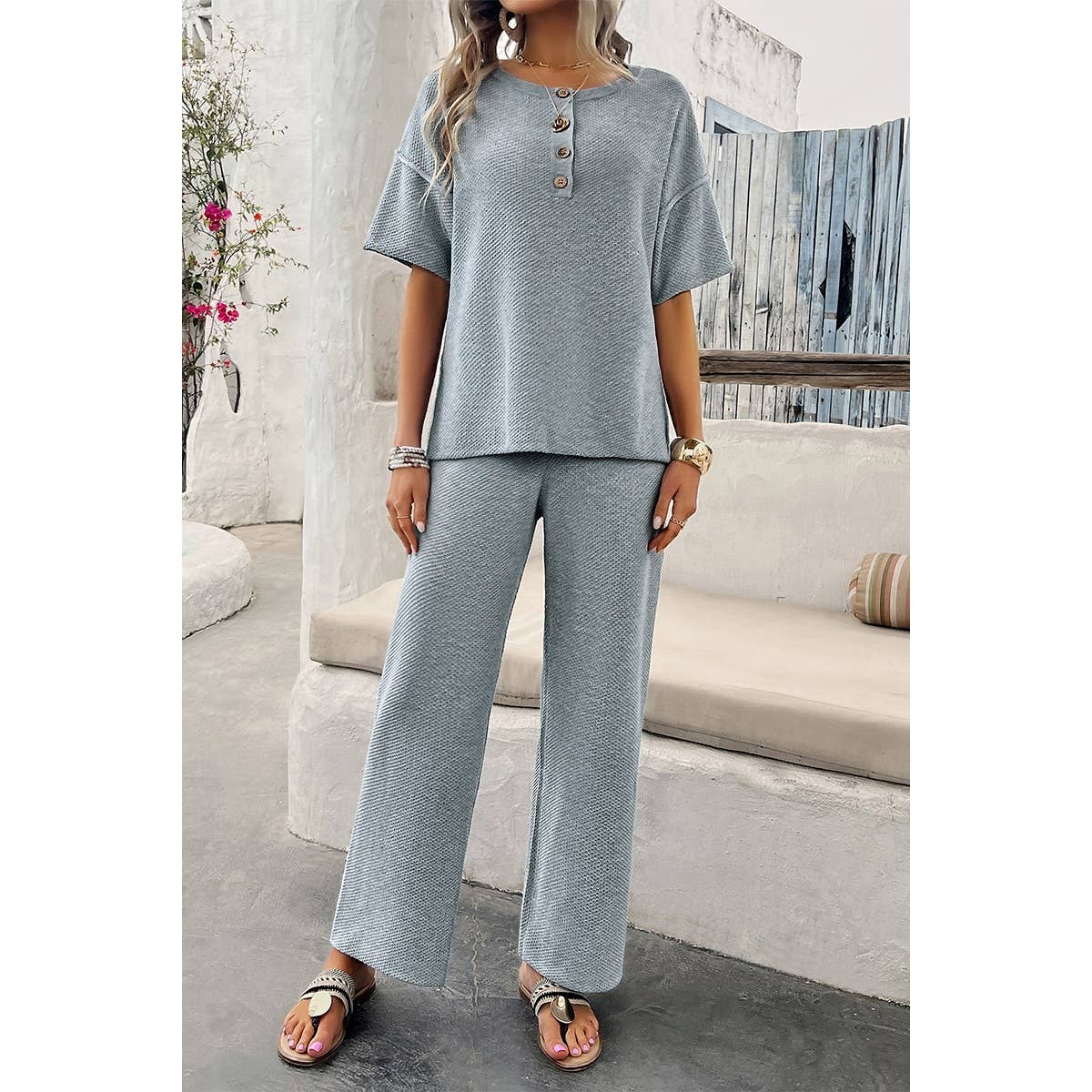 Two Pieces Outfits Knitted Crew Neck Button Set