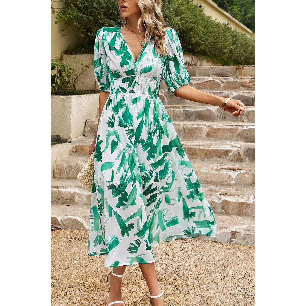Bohemian V Neck Elastic Waisted Band Midi Dress