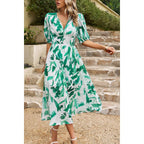 Bohemian V Neck Elastic Waisted Band Midi Dress