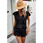 Solid Ruffle Trim Button Down Fit Blouse