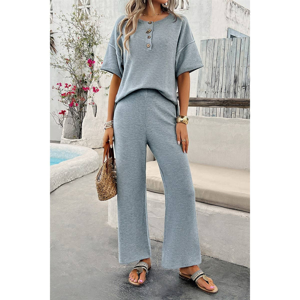 Two Pieces Outfits Knitted Crew Neck Button Set