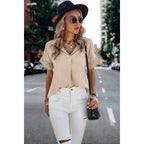 Solid Lace Trim Sleeve V Neck Fit Blouse: BEIGE / XL
