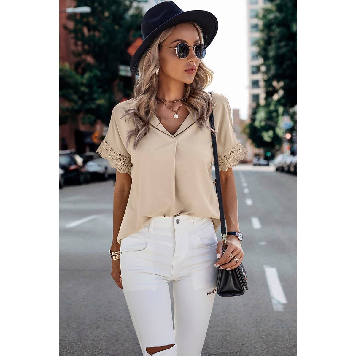 Solid Lace Trim Sleeve V Neck Fit Blouse: BEIGE / L