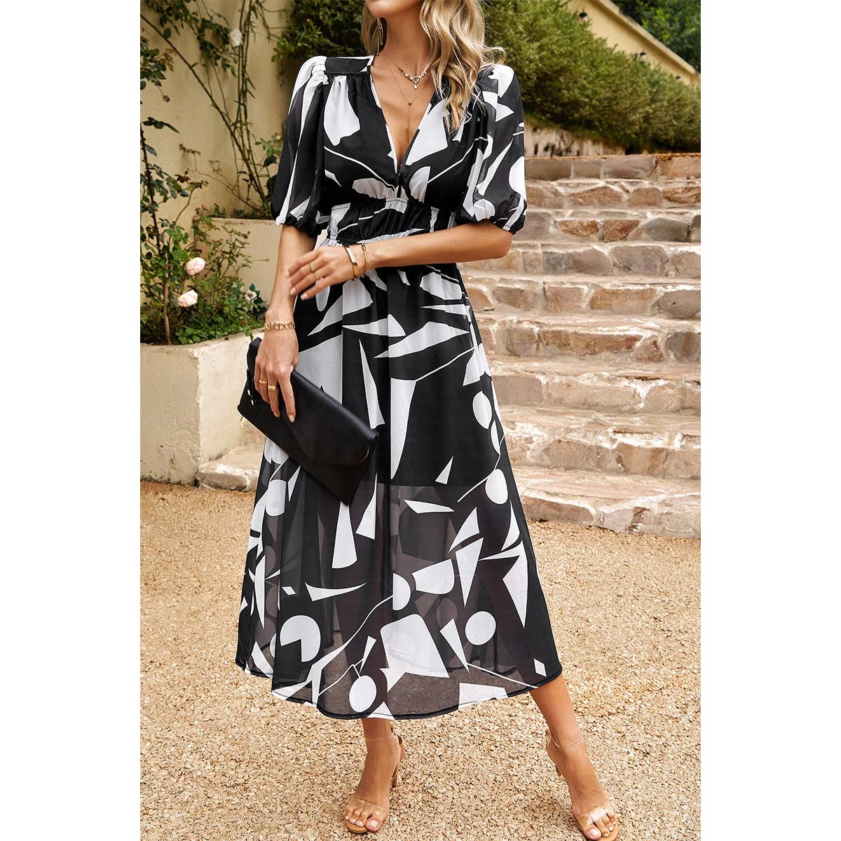 Bohemian V Neck Elastic Waisted Band Midi Dress