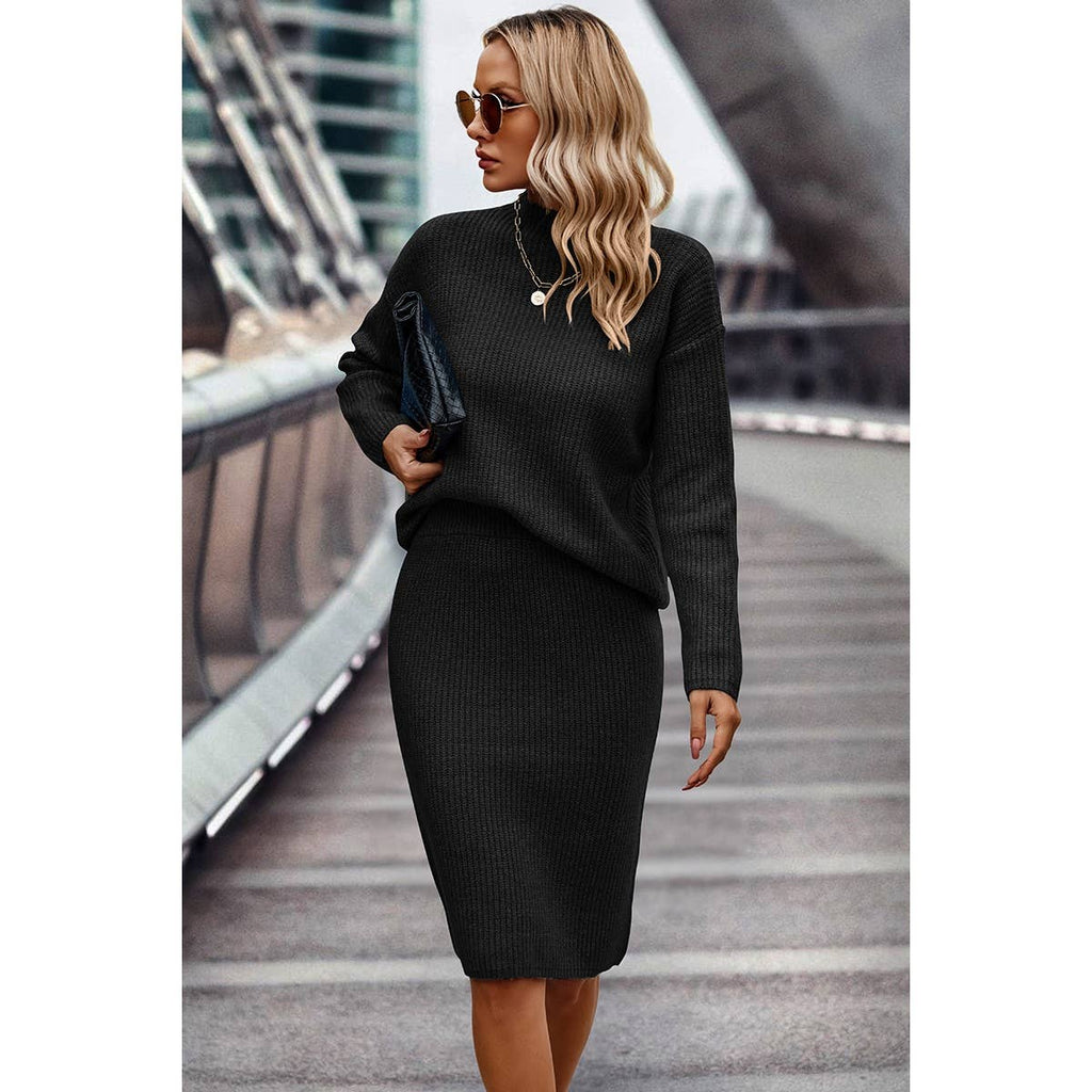 Two Pieces Turtleneck Drop Shoulder Skirt Sets