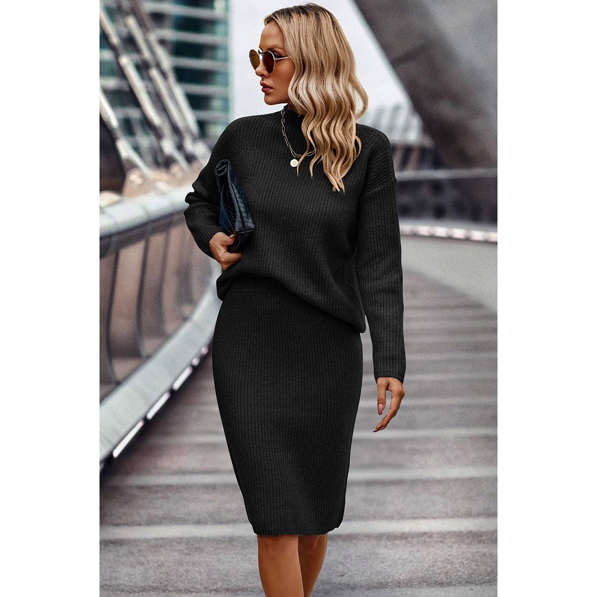 Two Pieces Turtleneck Drop Shoulder Skirt Sets