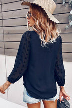 Solid V Neck Lantern Sleeve Swiss Dot Shirt: PINK / M