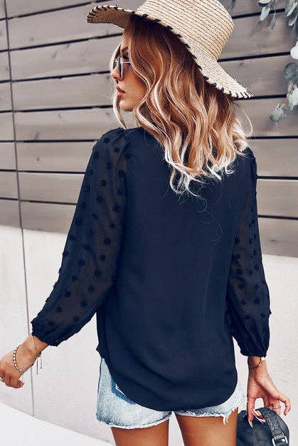 Solid V Neck Lantern Sleeve Swiss Dot Shirt: PINK / L