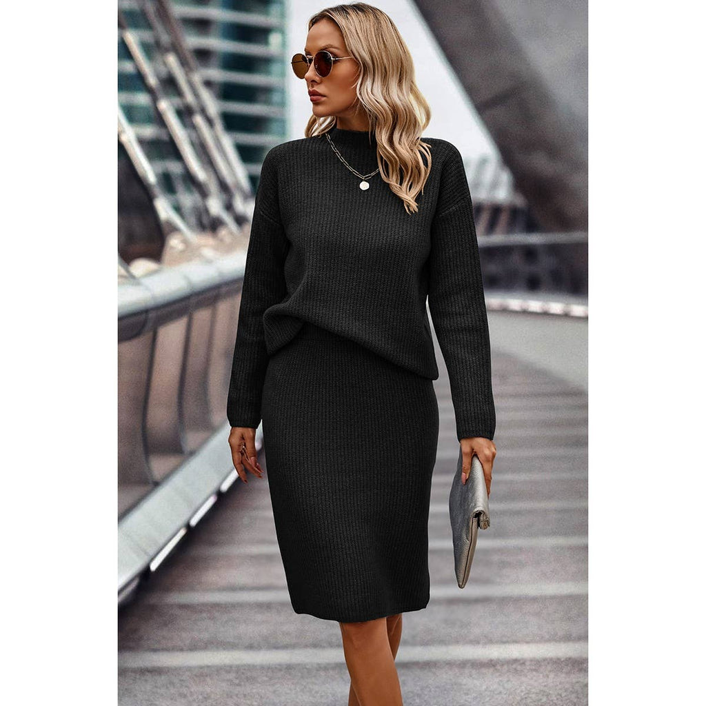 Two Pieces Turtleneck Drop Shoulder Skirt Sets