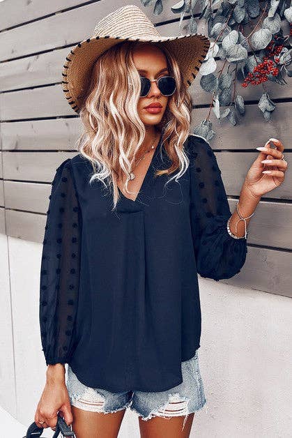 Solid V Neck Lantern Sleeve Swiss Dot Shirt: PINK / L