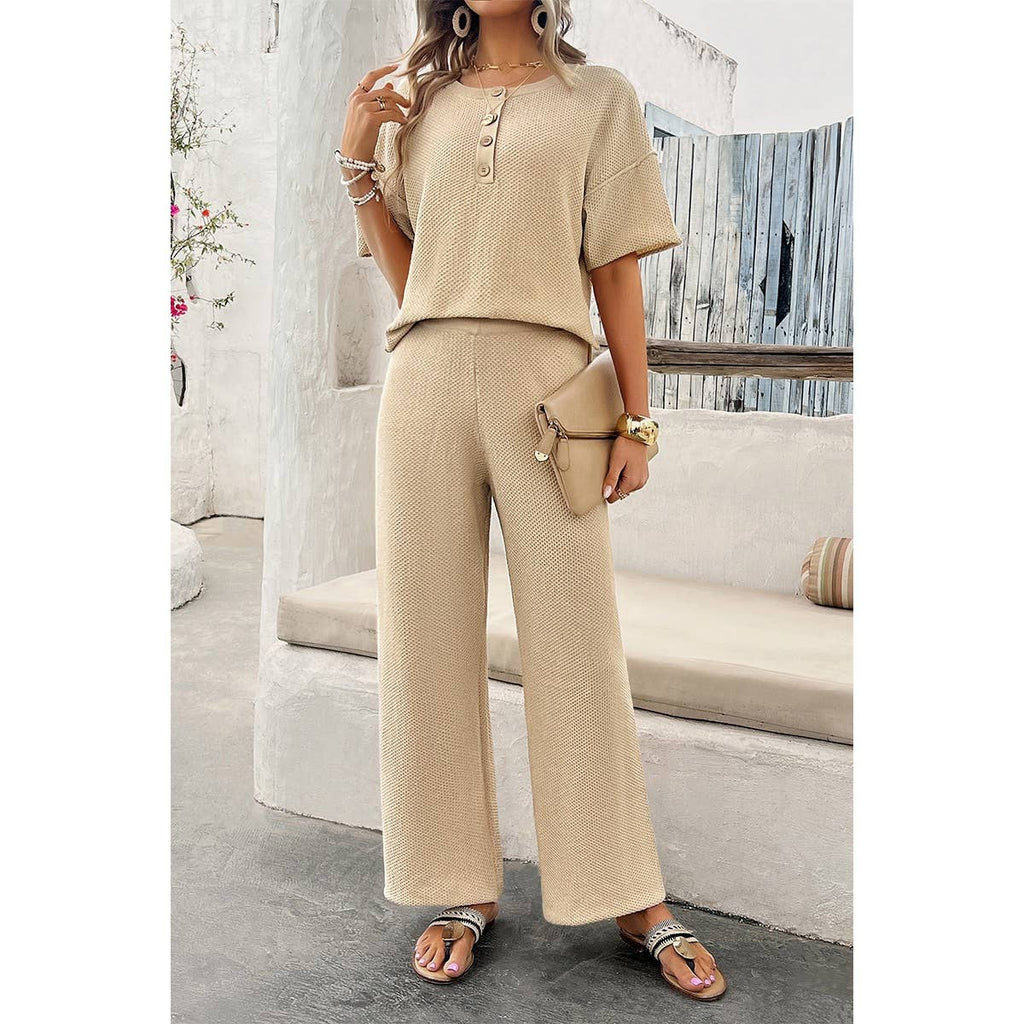Two Pieces Outfits Knitted Crew Neck Button Set