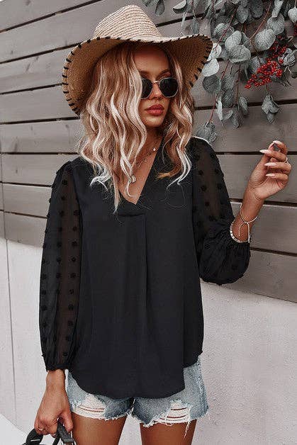 Solid V Neck Lantern Sleeve Swiss Dot Shirt: PINK / L
