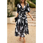 Bohemian V Neck Elastic Waisted Band Midi Dress