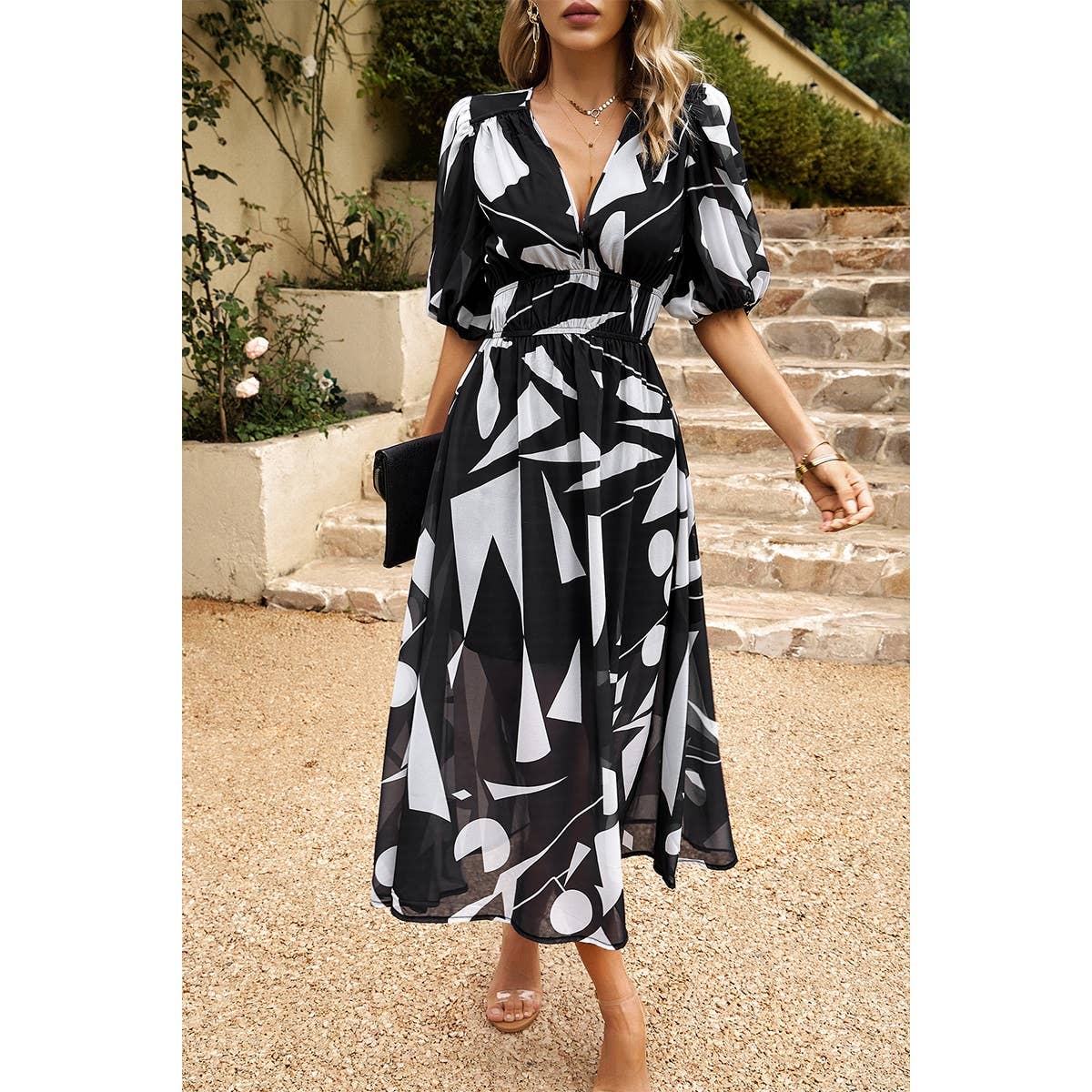 Bohemian V Neck Elastic Waisted Band Midi Dress