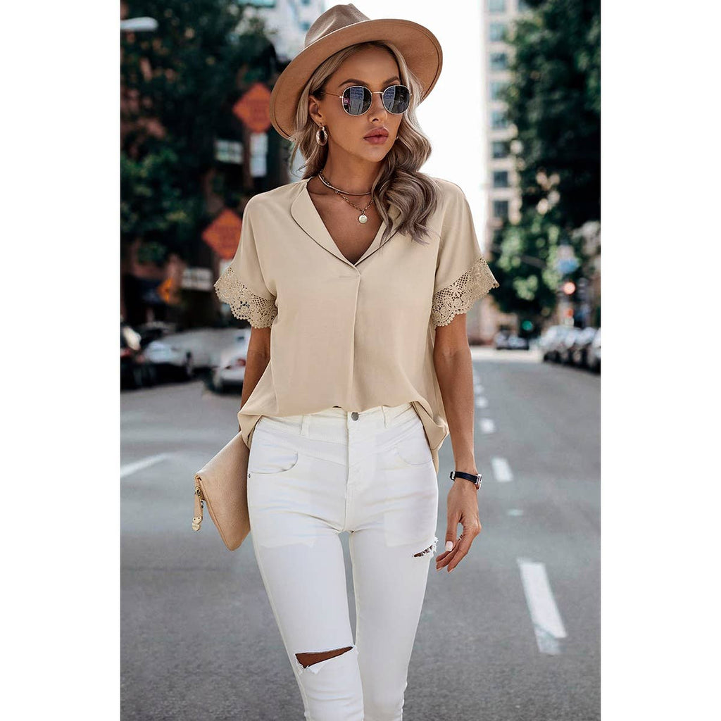 Solid Lace Trim Sleeve V Neck Fit Blouse: BEIGE / M