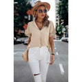 Solid Lace Trim Sleeve V Neck Fit Blouse: BEIGE / M