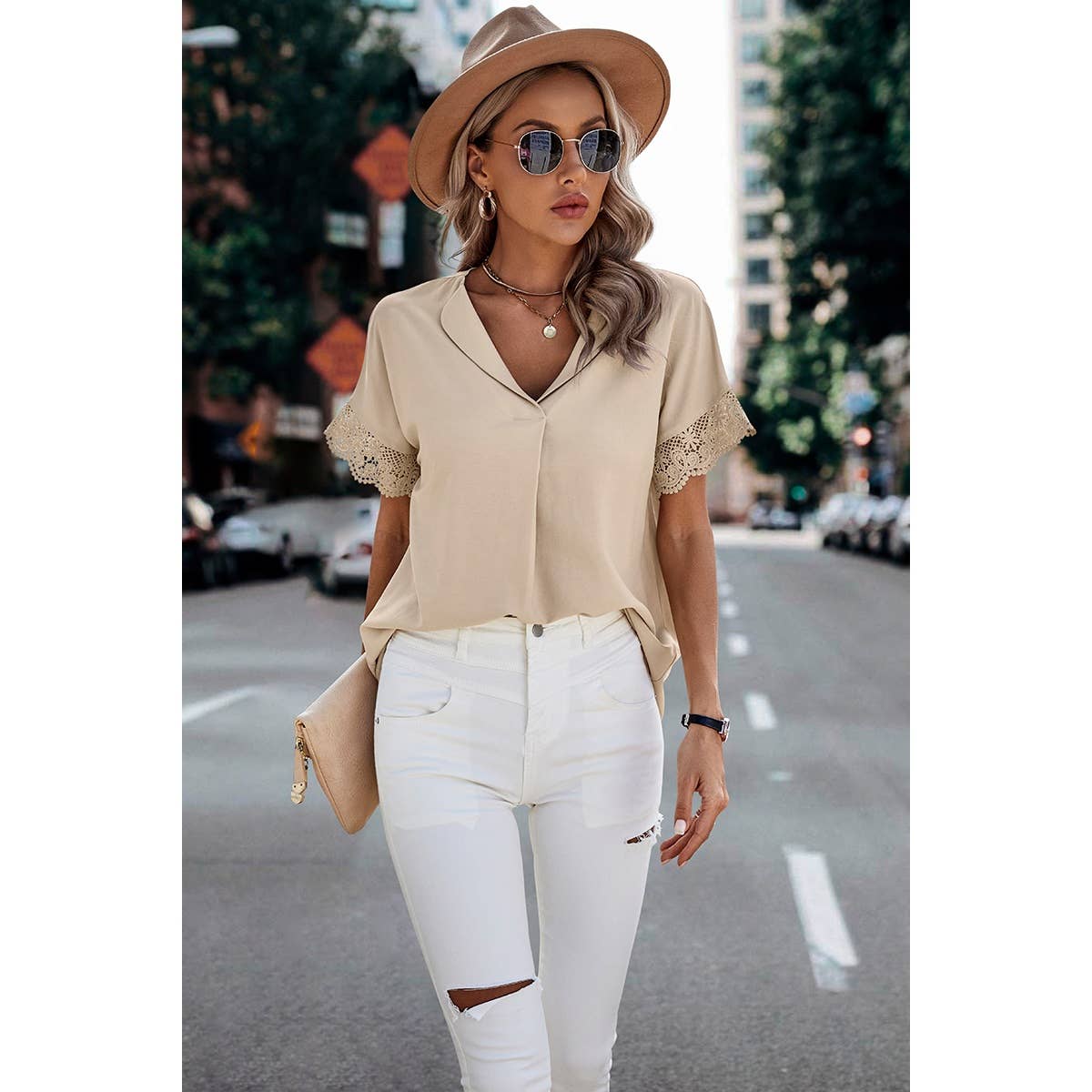 Solid Lace Trim Sleeve V Neck Fit Blouse: BEIGE / M