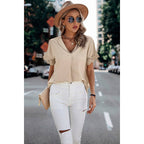 Solid Lace Trim Sleeve V Neck Fit Blouse: BEIGE / L