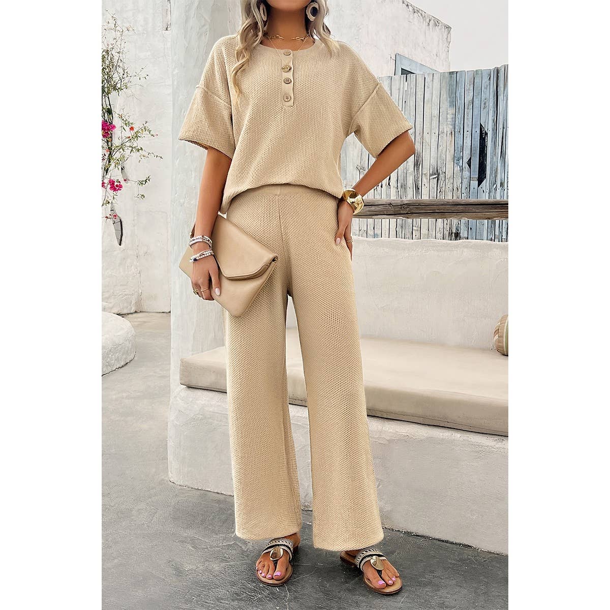 Two Pieces Outfits Knitted Crew Neck Button Set