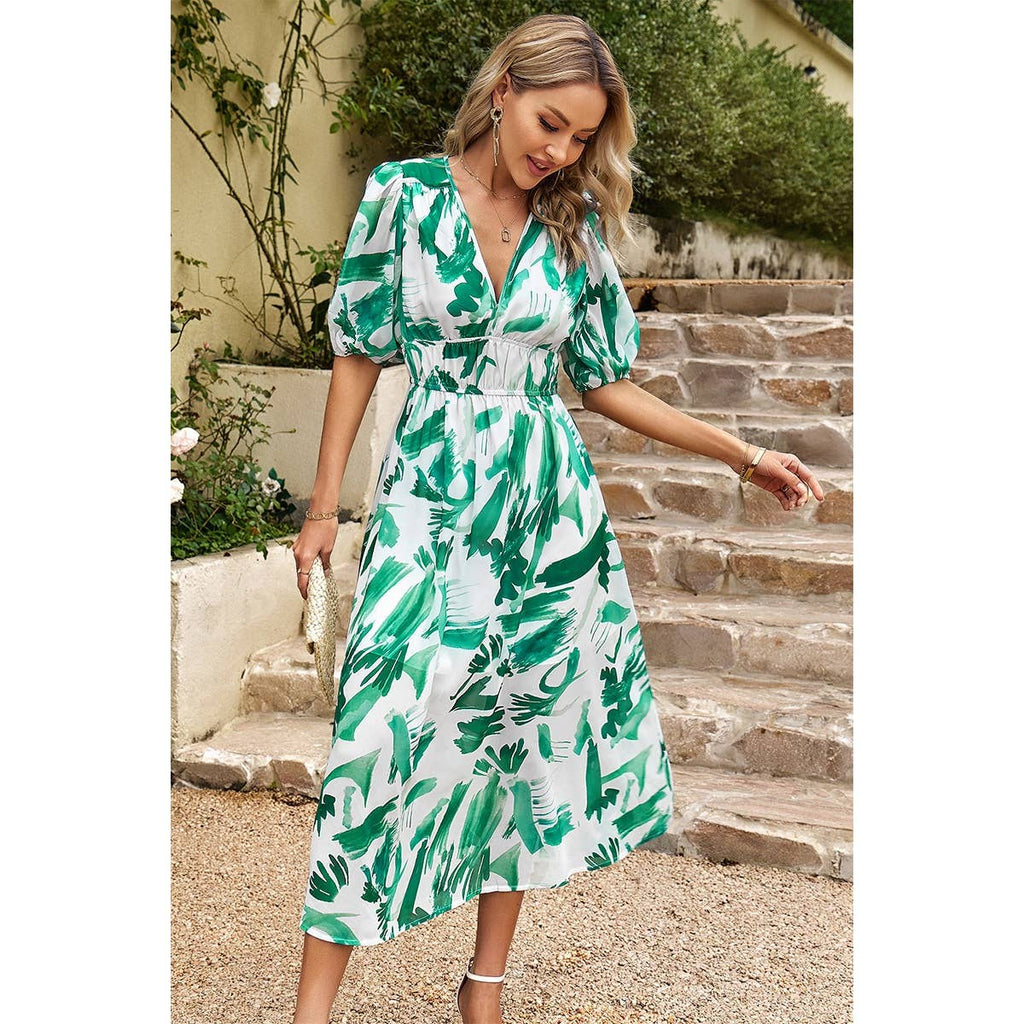 Bohemian V Neck Elastic Waisted Band Midi Dress