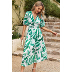 Bohemian V Neck Elastic Waisted Band Midi Dress