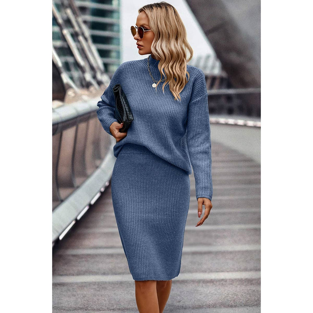 Two Pieces Turtleneck Drop Shoulder Skirt Sets