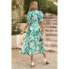 Bohemian V Neck Elastic Waisted Band Midi Dress