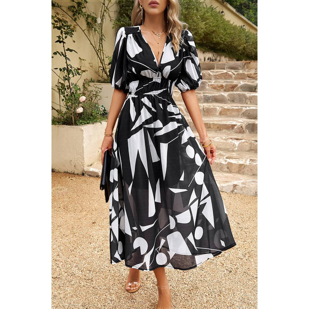 Bohemian V Neck Elastic Waisted Band Midi Dress