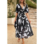 Bohemian V Neck Elastic Waisted Band Midi Dress
