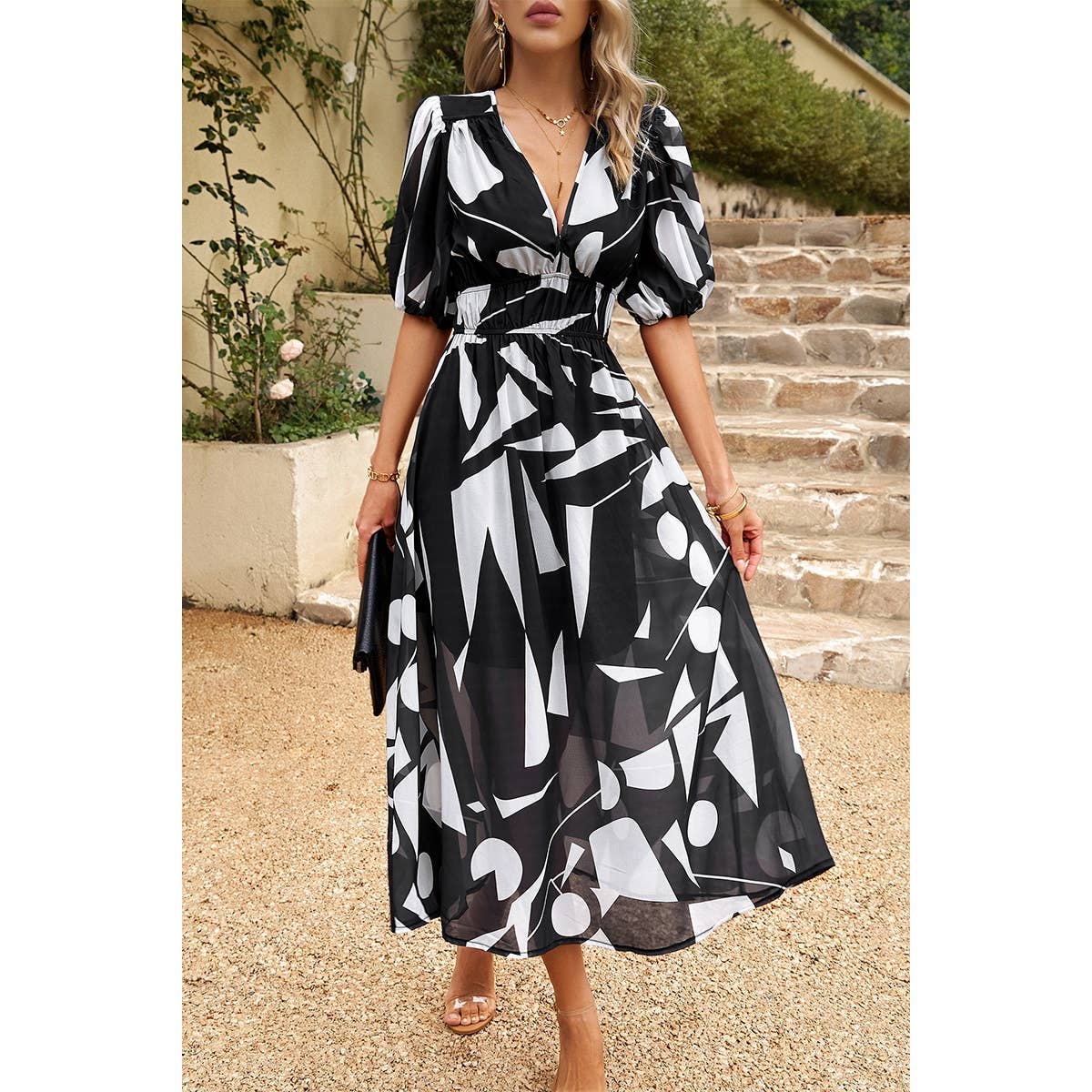 Bohemian V Neck Elastic Waisted Band Midi Dress
