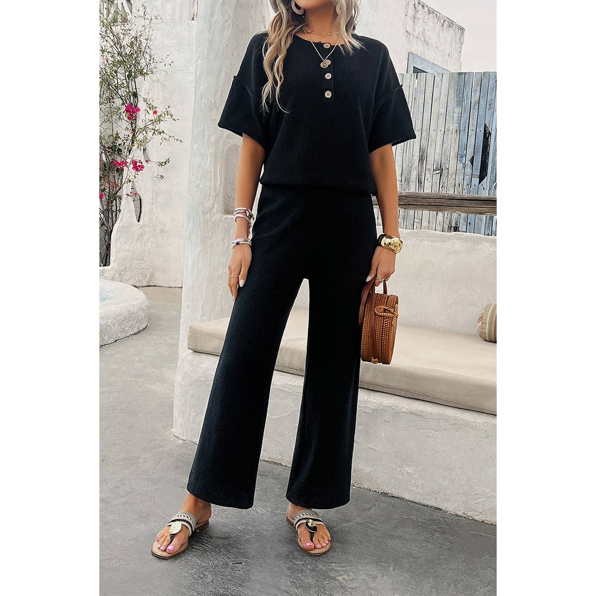 Two Pieces Outfits Knitted Crew Neck Button Set