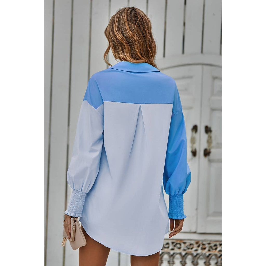 Color Block Button Down Cuffed Sleeves Blouse: PINK / XL