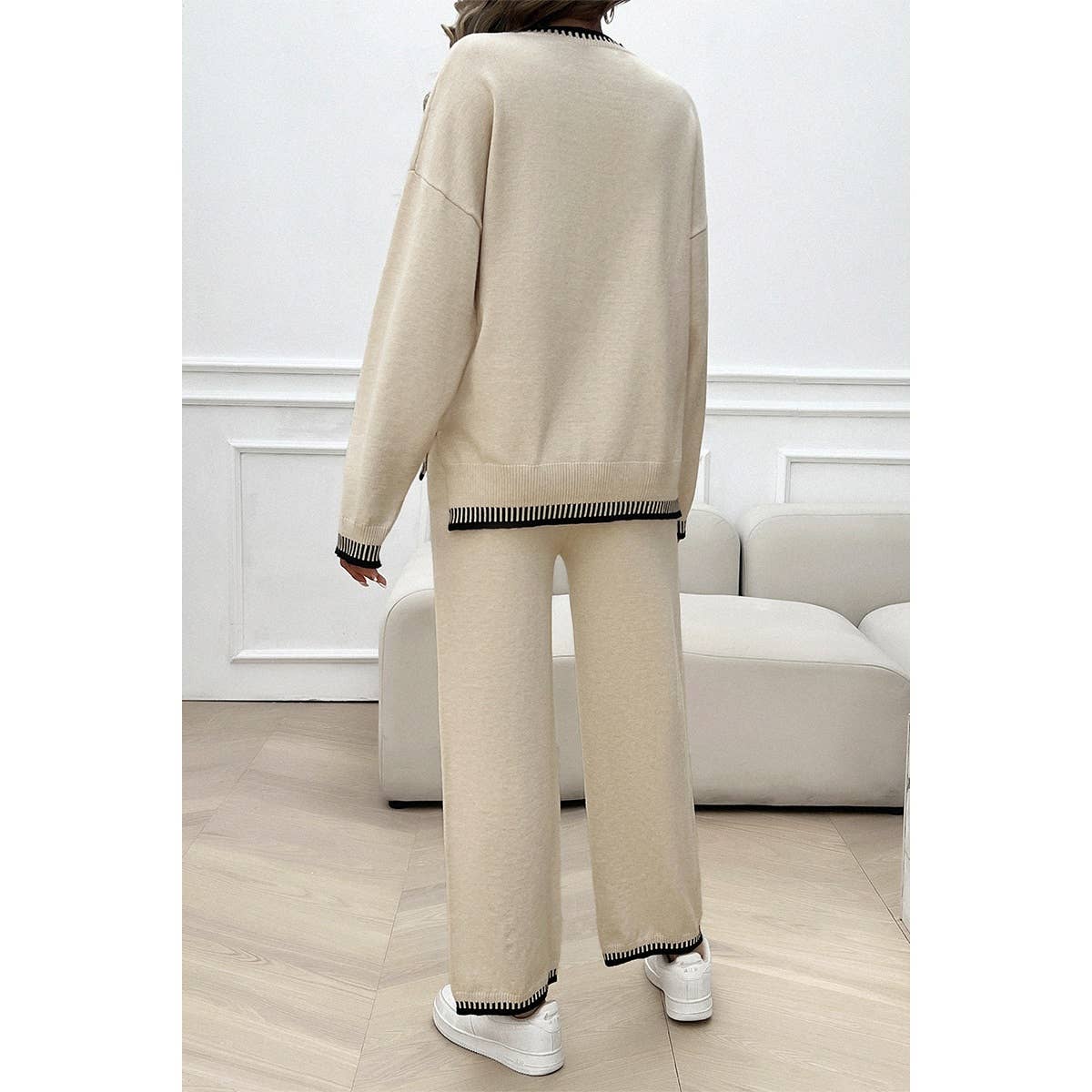 Colock Block Round Neck Drop Shoulder Loose Set: BEIGE / S
