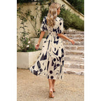 Bohemian V Neck Elastic Waisted Band Midi Dress