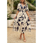 Bohemian V Neck Elastic Waisted Band Midi Dress