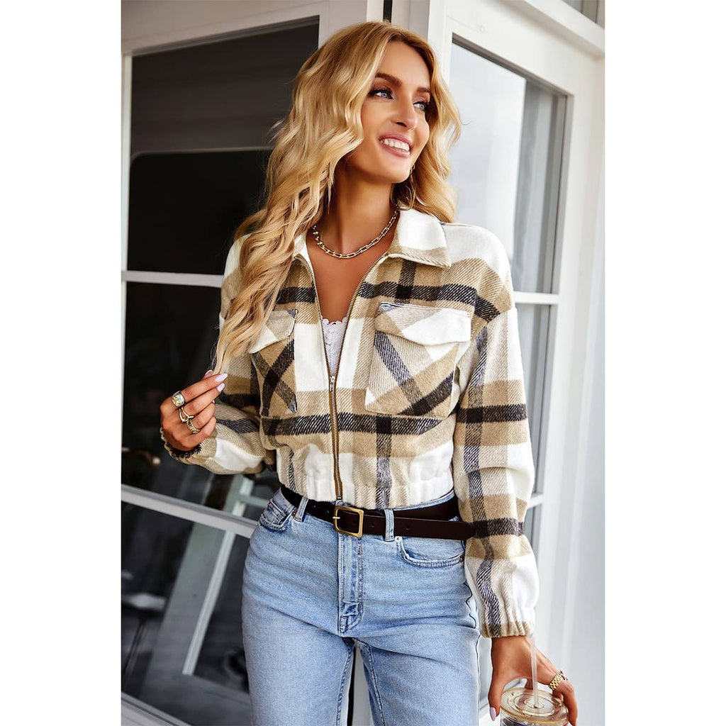 Plaid Flannel Cropped Zip Pocket Outerwear