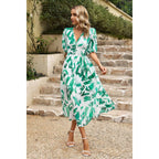 Bohemian V Neck Elastic Waisted Band Midi Dress