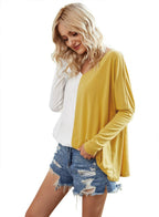 V Neck Color Block Drop Shoulder Shirt: YELLOW WHITE / S