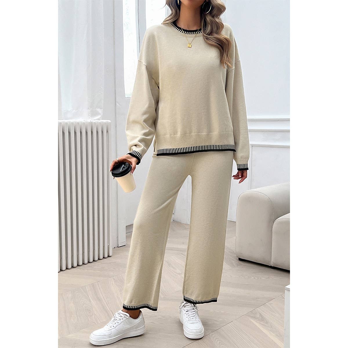 Colock Block Round Neck Drop Shoulder Loose Set: BEIGE / S