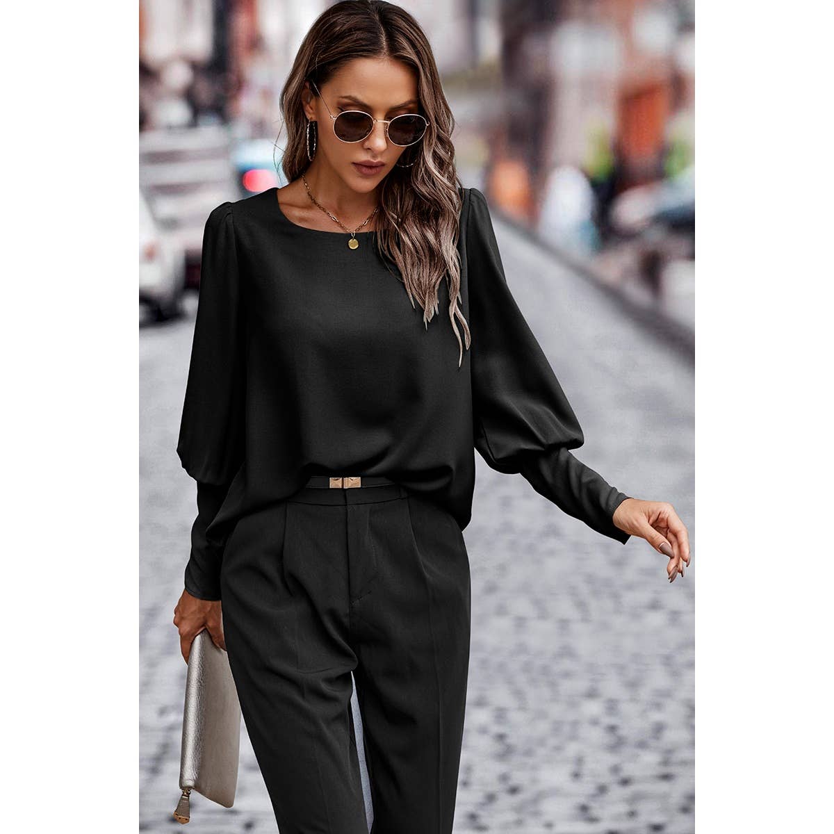 Crew Neck Solid Leg Of Mutton Sleeve Shirt