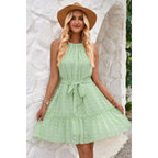 Solid Halter Neck Sleeveless Waist Tie Ruffle Dress