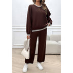 Colock Block Round Neck Drop Shoulder Loose Set: BLACK / XL