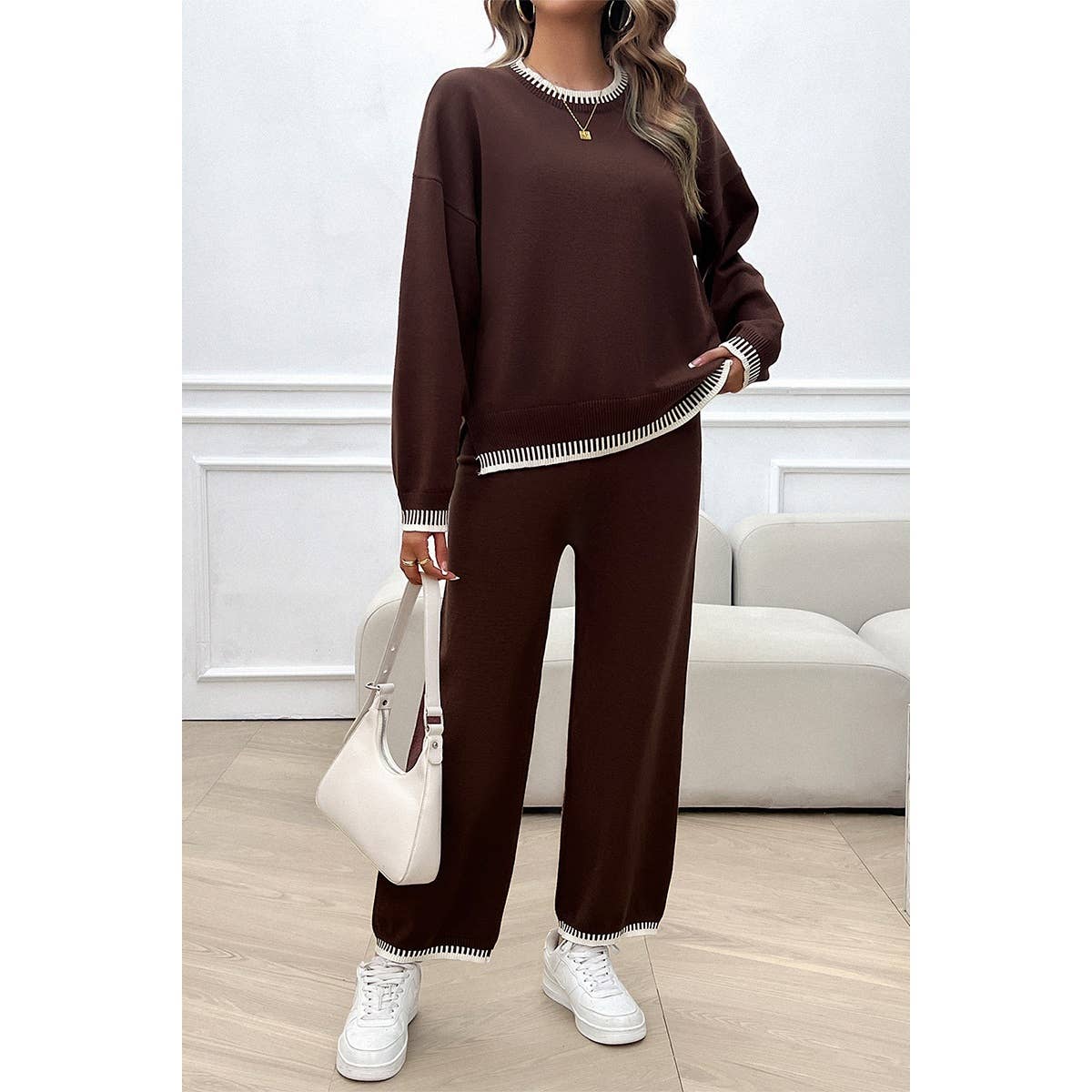 Colock Block Round Neck Drop Shoulder Loose Set: BEIGE / M